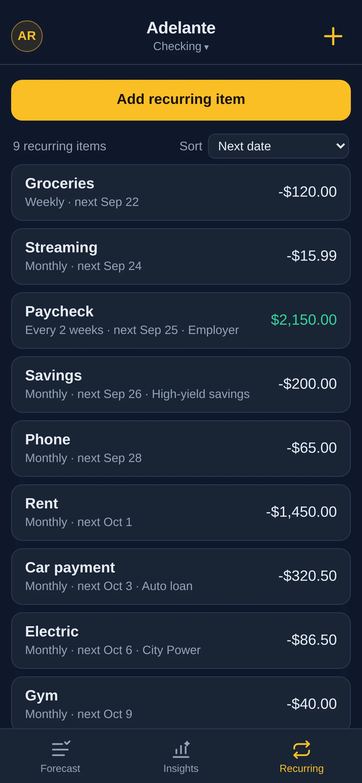 Recurring: every repeating bill and paycheck with its next date.